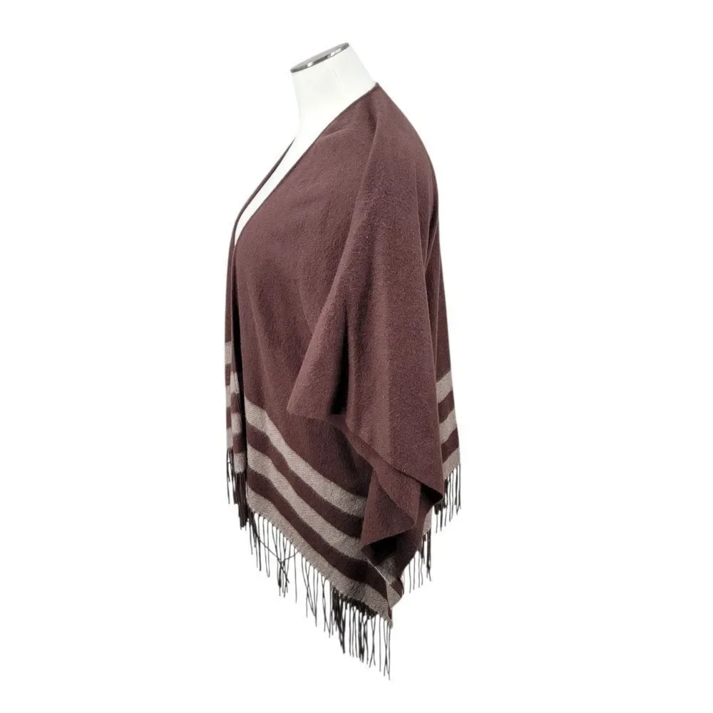 Wool Cashmere Brown Fringe Ruana Poncho with Stripes